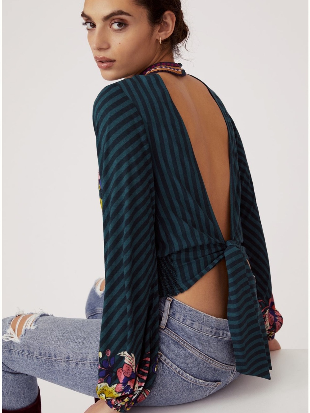 Anthropologie Embroidered tie back top